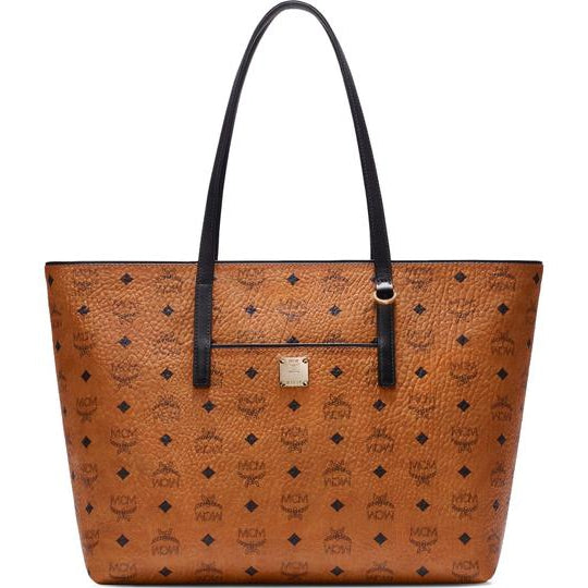 MCM Anya Cognac Brown Coated Canvas Tote