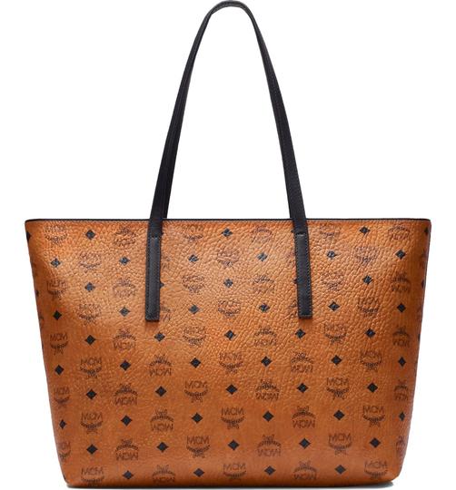 MCM Anya Cognac Brown Coated Canvas Tote