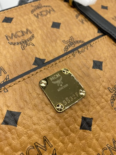 MCM Anya Cognac Brown Coated Canvas Tote