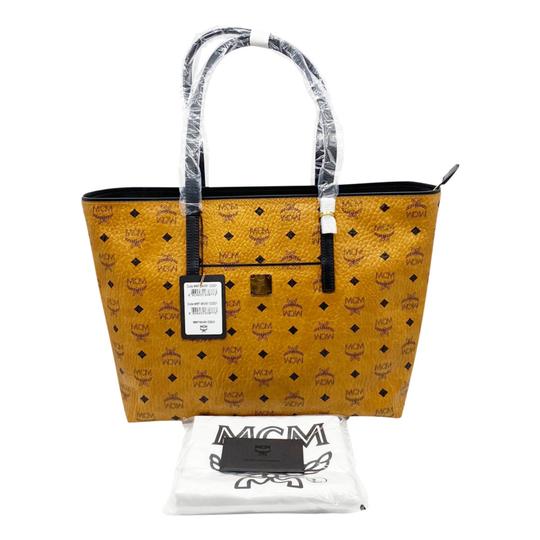 MCM Anya Cognac Brown Coated Canvas Tote