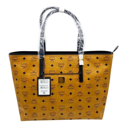 MCM Anya Cognac Brown Coated Canvas Tote