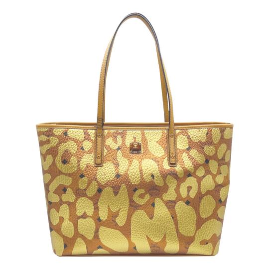 MCM Anya Metallic Leopard Print Coated Canvas Cognac Brown Leather Tote