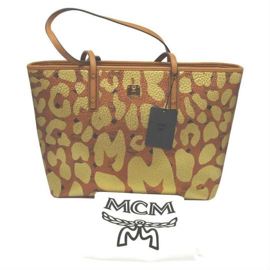 MCM Anya Metallic Leopard Print Coated Canvas Cognac Brown Leather Tote