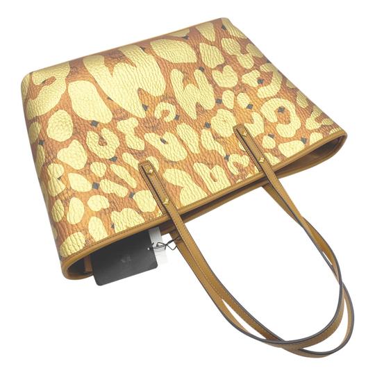 MCM Anya Metallic Leopard Print Coated Canvas Cognac Brown Leather Tote