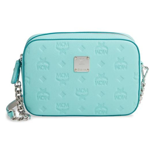 MCM Camera Klara Monogram Embossed Blue Leather Shoulder Bag