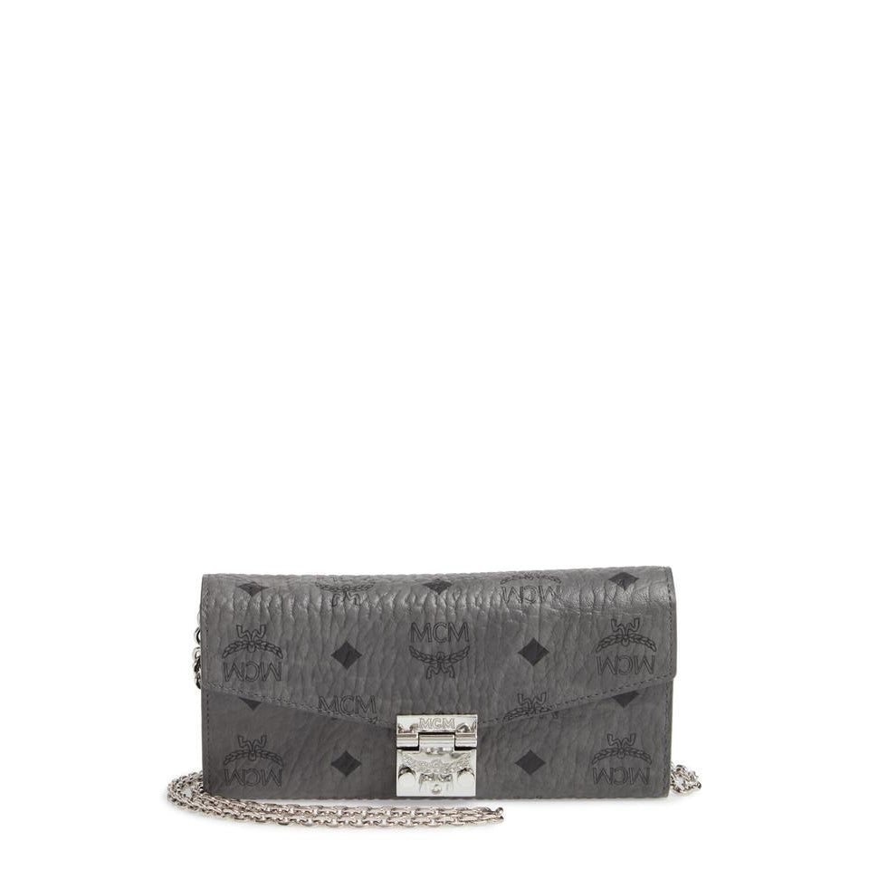 MCM Large Patricia Visetos Canvas Wallet On A Chain Grey Leather Cross Body Bag