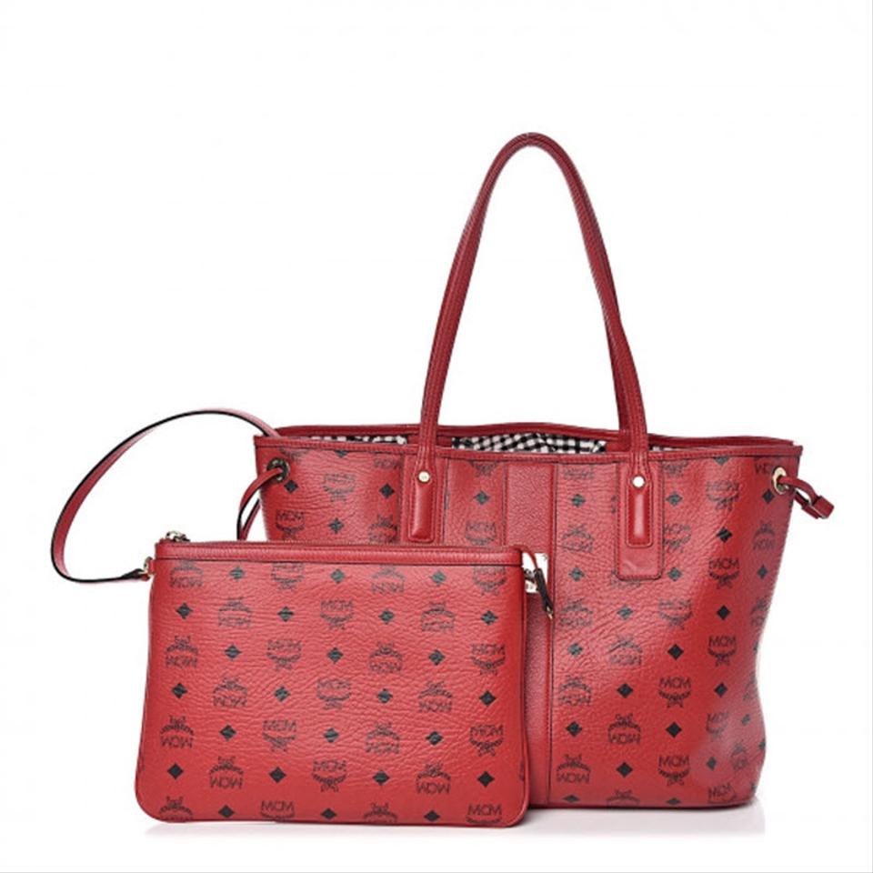 MCM Visetos Medium Liz Reversible Shopper Ruby Red Coated Canvas Tote