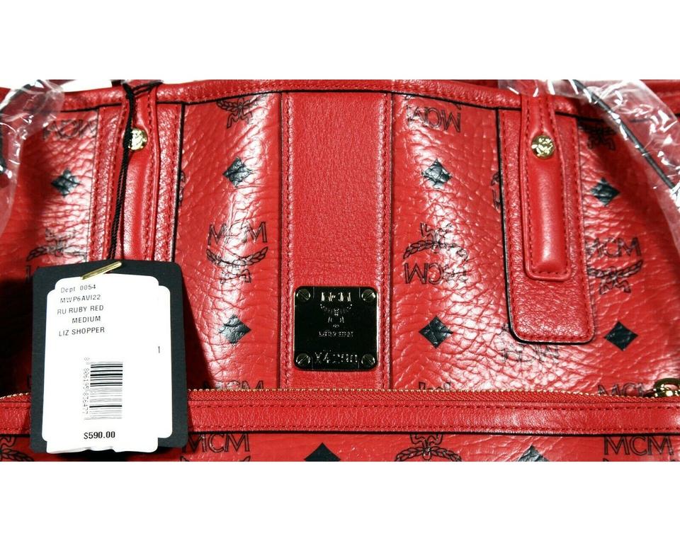 MCM Visetos Medium Liz Reversible Shopper Ruby Red Coated Canvas Tote