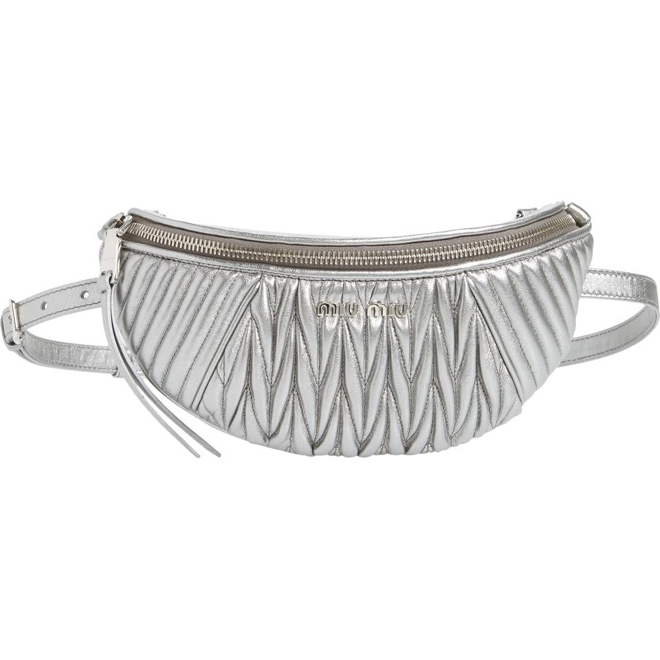 Miu Miu Belt Matelassé Silver Lambskin Leather Messenger Bag