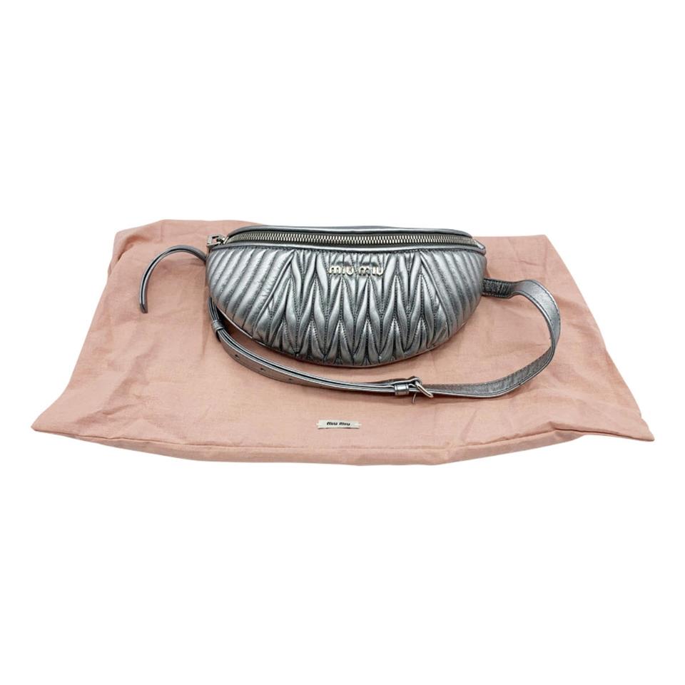 Miu Miu Belt Matelassé Silver Lambskin Leather Messenger Bag