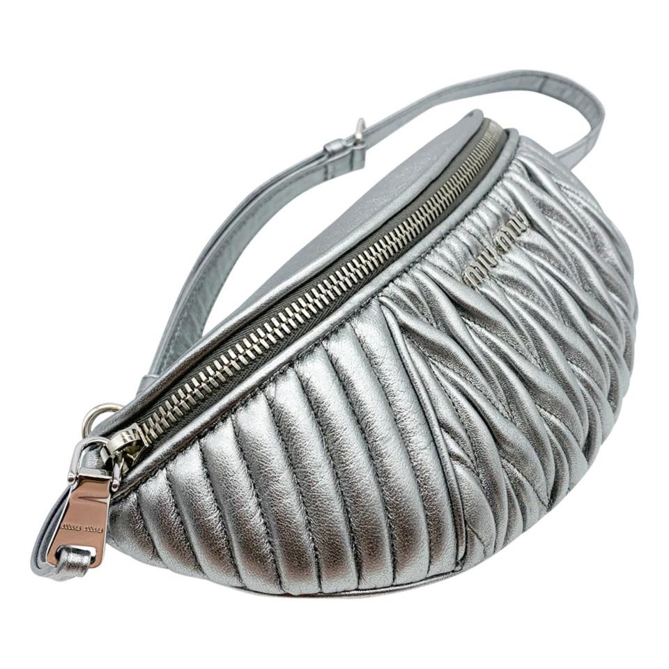 Miu Miu Belt Matelassé Silver Lambskin Leather Messenger Bag