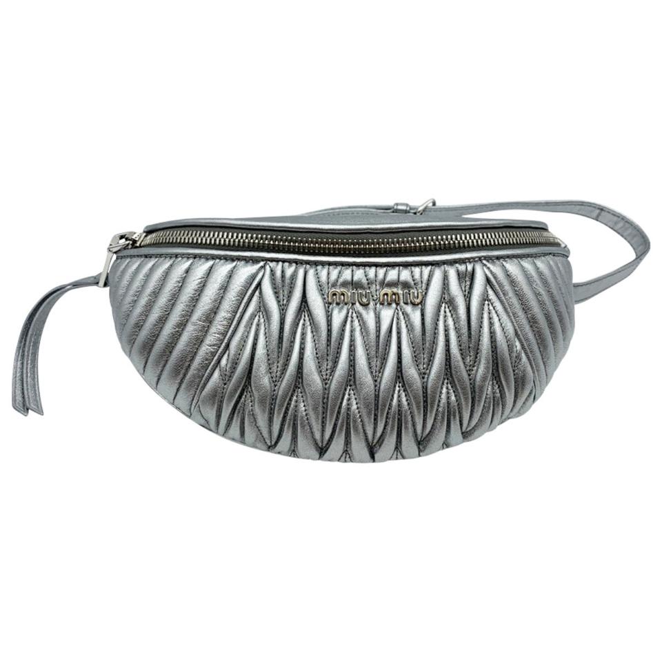 Miu Miu Belt Matelassé Silver Lambskin Leather Messenger Bag
