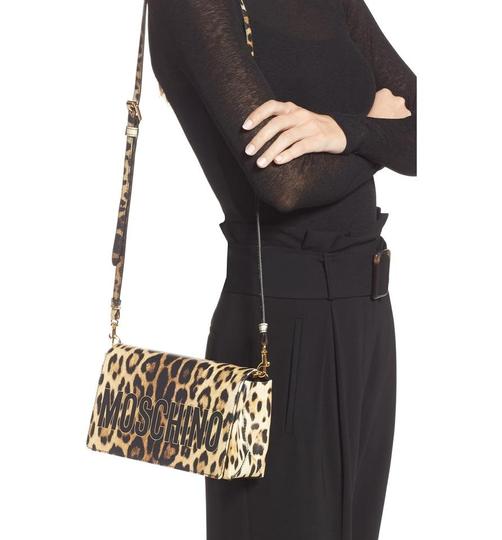 Moschino Shoulder Leopard Print Logo Black Leather Cross Body Bag