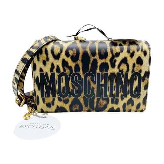 Moschino Shoulder Leopard Print Logo Black Leather Cross Body Bag