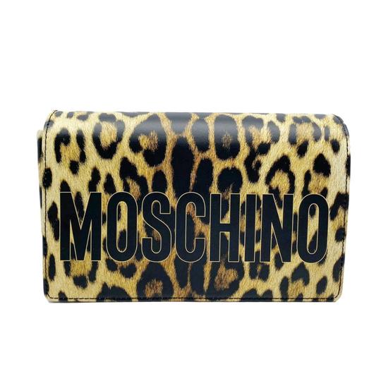 Moschino Shoulder Leopard Print Logo Black Leather Cross Body Bag