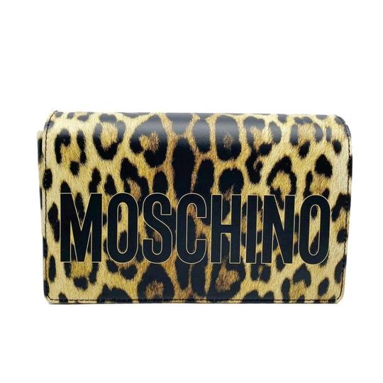 Moschino Shoulder Leopard Print Logo Black Leather Cross Body Bag