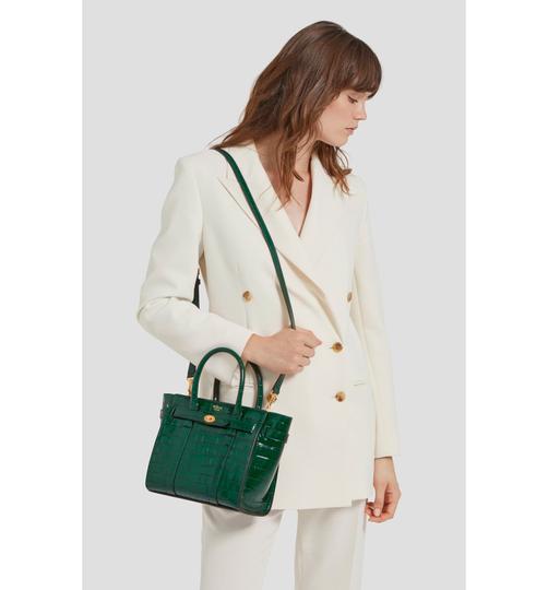 Mulberry Mini Zipped Bayswater Croc Embossed Satchel Green Leather Cross Body Bag