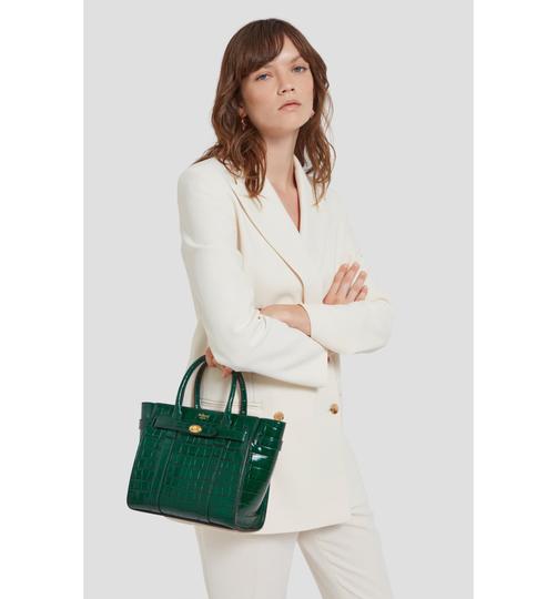 Mulberry Mini Zipped Bayswater Croc Embossed Satchel Green Leather Cross Body Bag