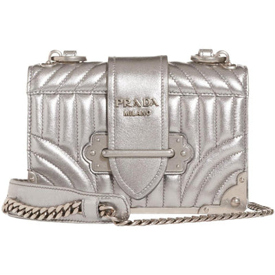 Prada Crossbody Cahier Quilted Metallic Silver Leather Shoulder Bag