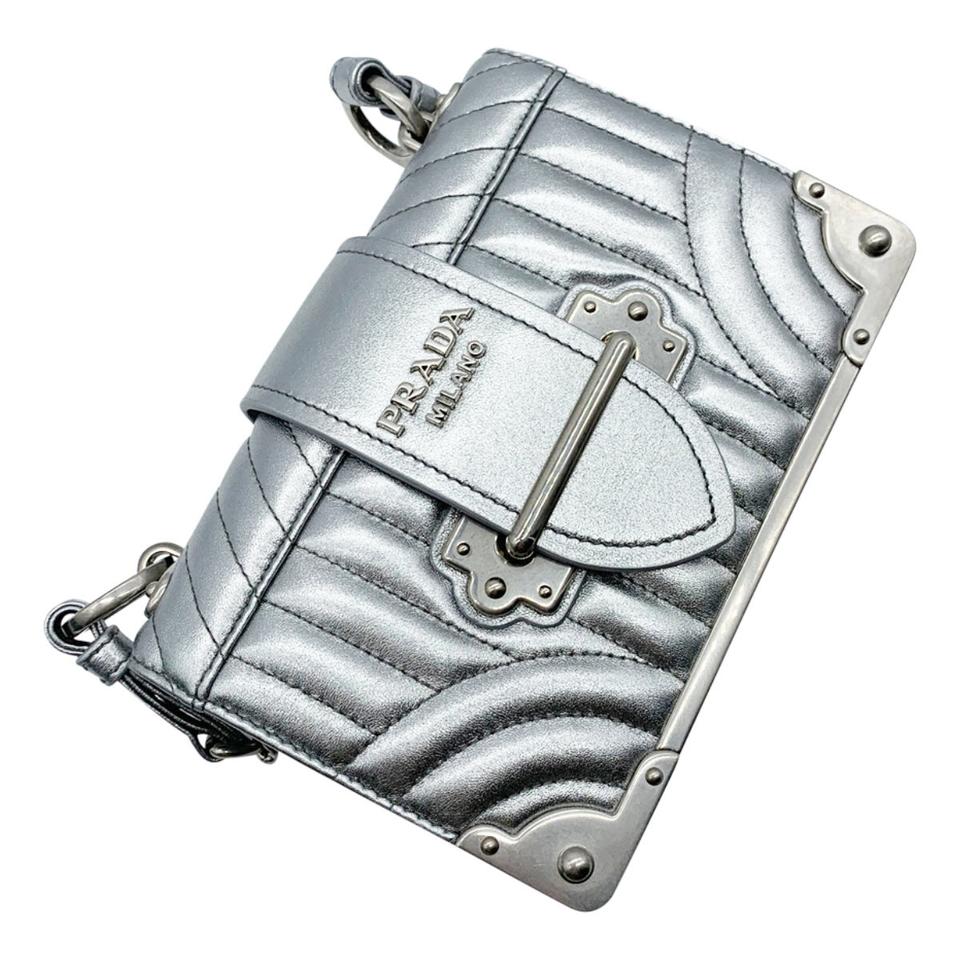 Prada Crossbody Cahier Quilted Metallic Silver Leather Shoulder Bag