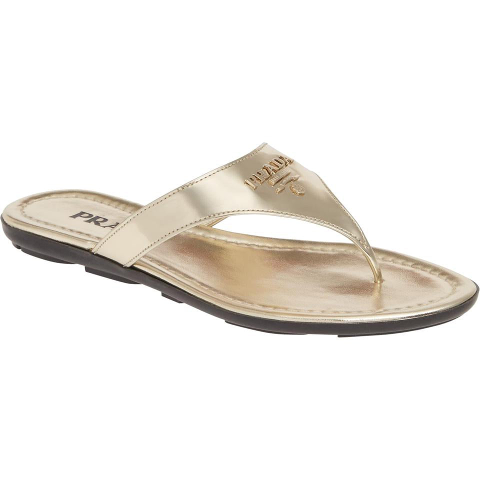 Prada Gold Logo Flip Flop Metallic Sandals 38.5