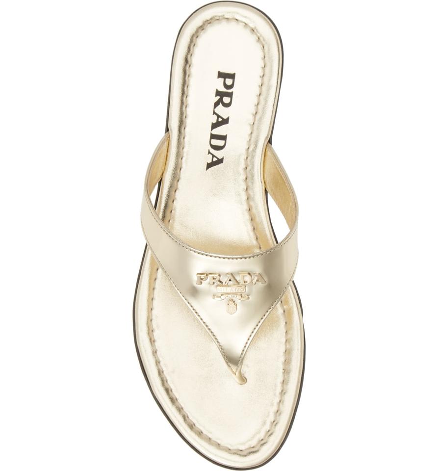 Prada Gold Logo Flip Flop Metallic Sandals 38.5