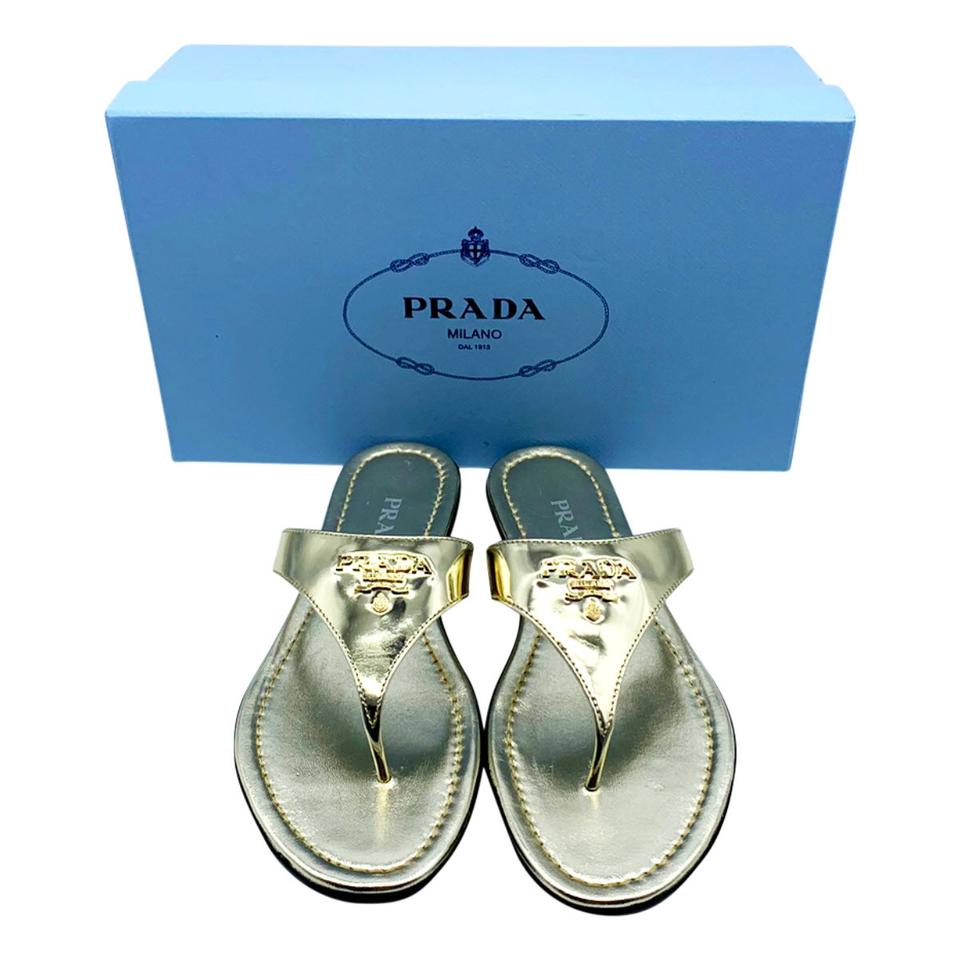 Prada Gold Logo Flip Flop Metallic Sandals 38.5