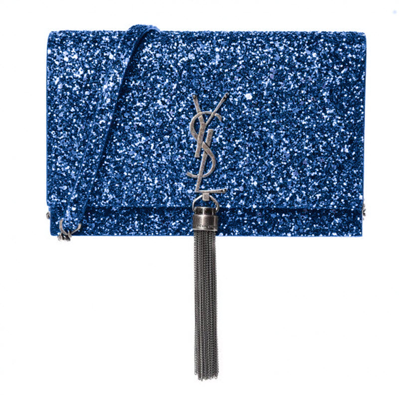Saint Laurent Monogram Kate Chain Wallet New Chain Glitter Tassel Blue Leather
