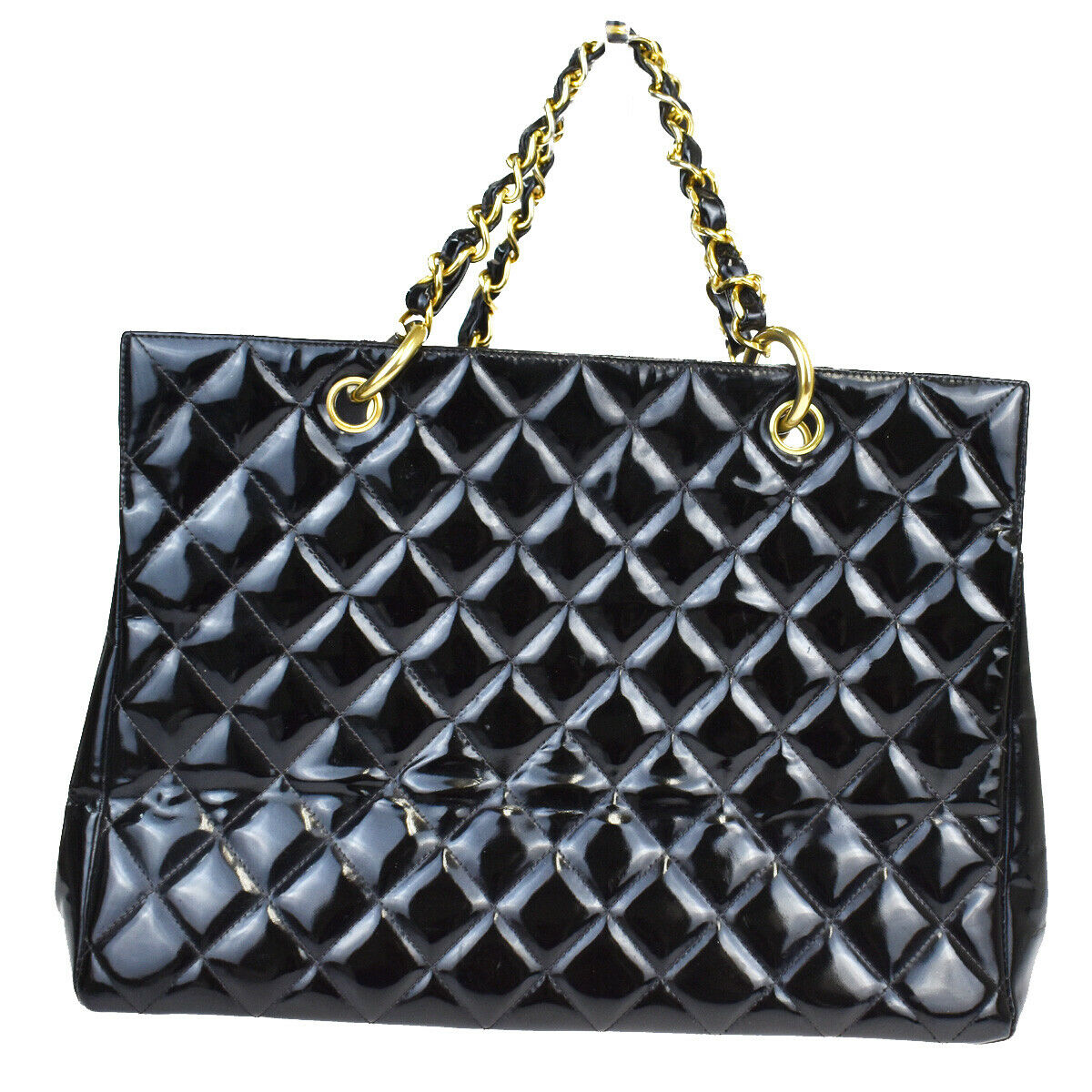CHANEL CC GST Quilted Chain Hand Bag Patent Leather Black Vintage
