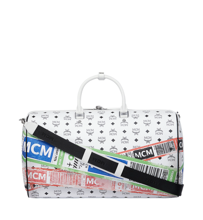 MCM Unisex White Visetos Flight Print Travel Boston Bag Duffle