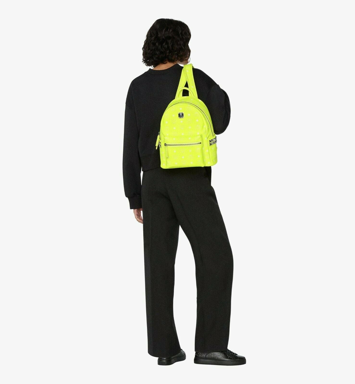 MCM Small 32 Neon Yellow Visetos Stark Studded Backpack