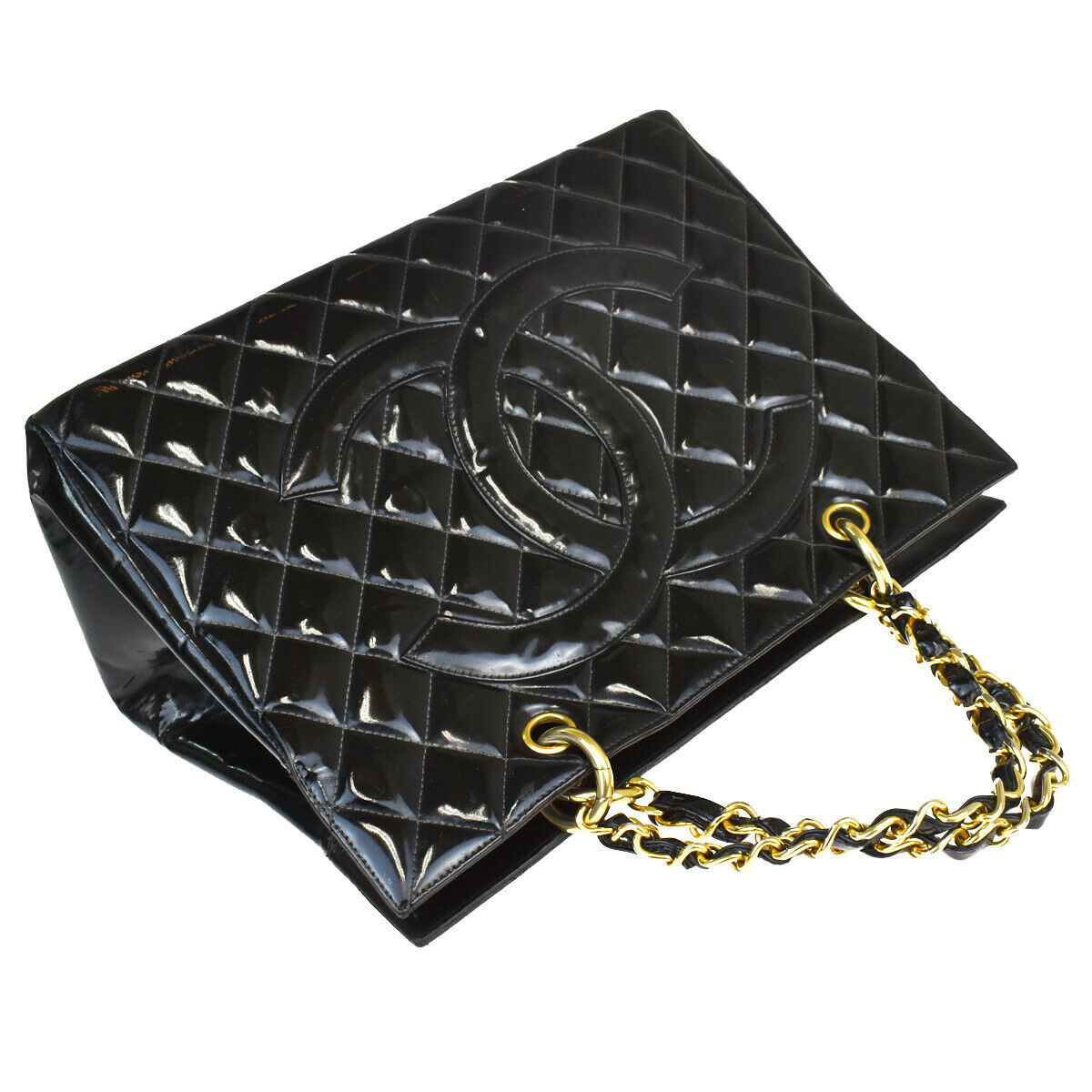 CHANEL CC GST Quilted Chain Hand Bag Patent Leather Black Vintage