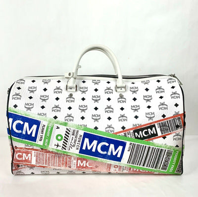MCM Unisex White Visetos Flight Print Travel Boston Bag Duffle