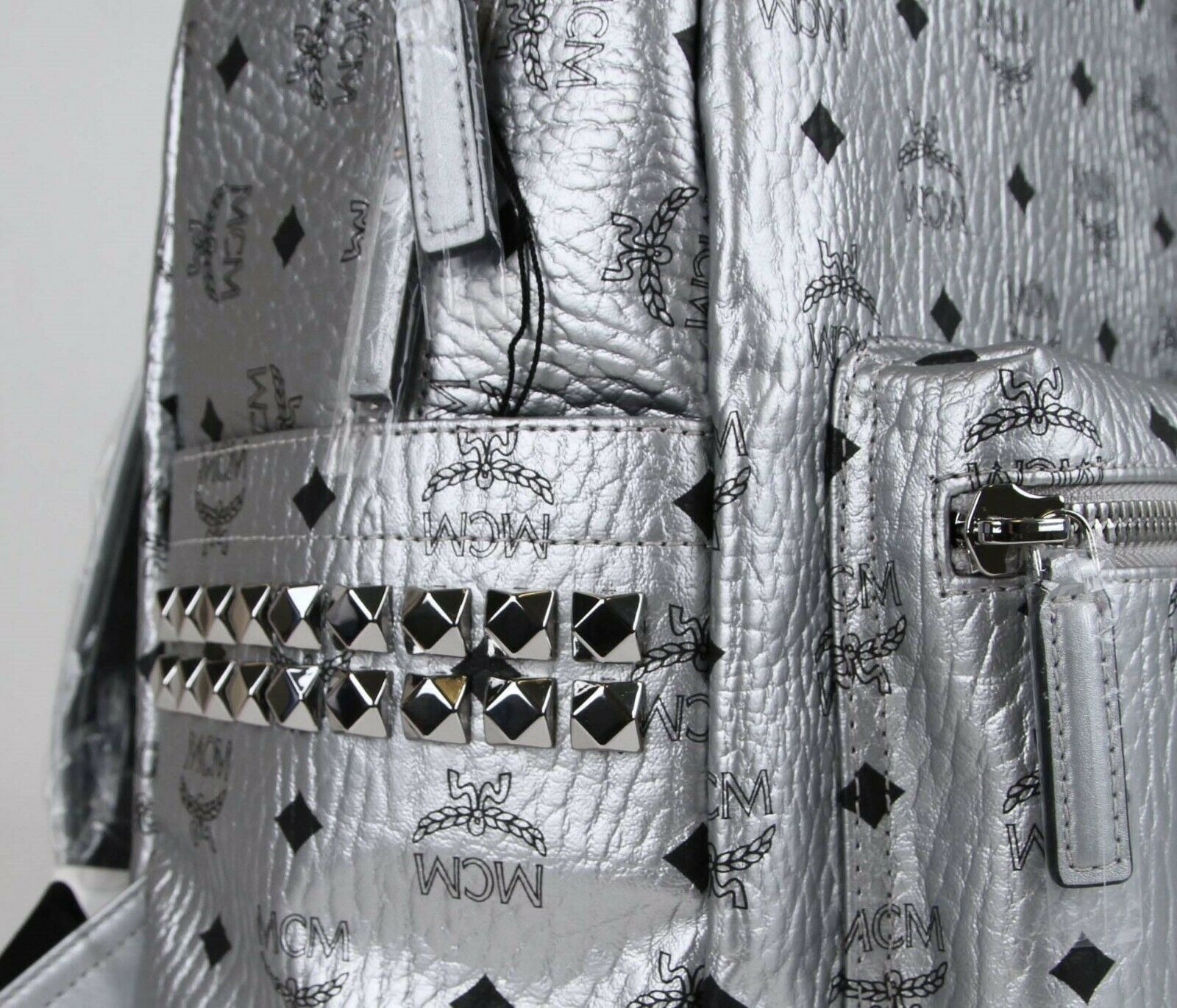 MCM Medium 40 Silver Coated Canvas Studded Backpack