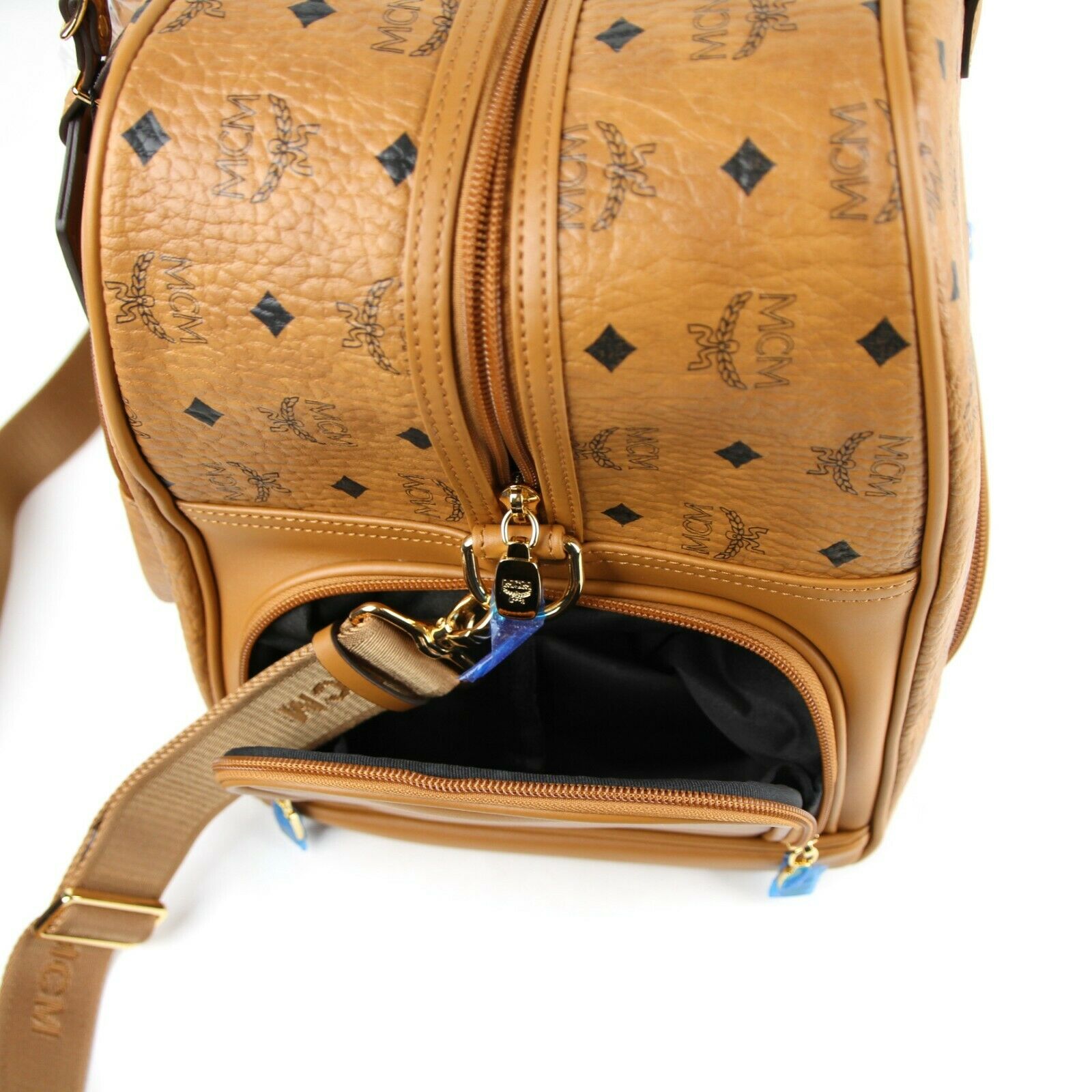 MCM Cognac Brown Visetos Coated Canvas Boston Duffel Bag