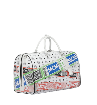 MCM Unisex White Visetos Flight Print Travel Boston Bag Duffle