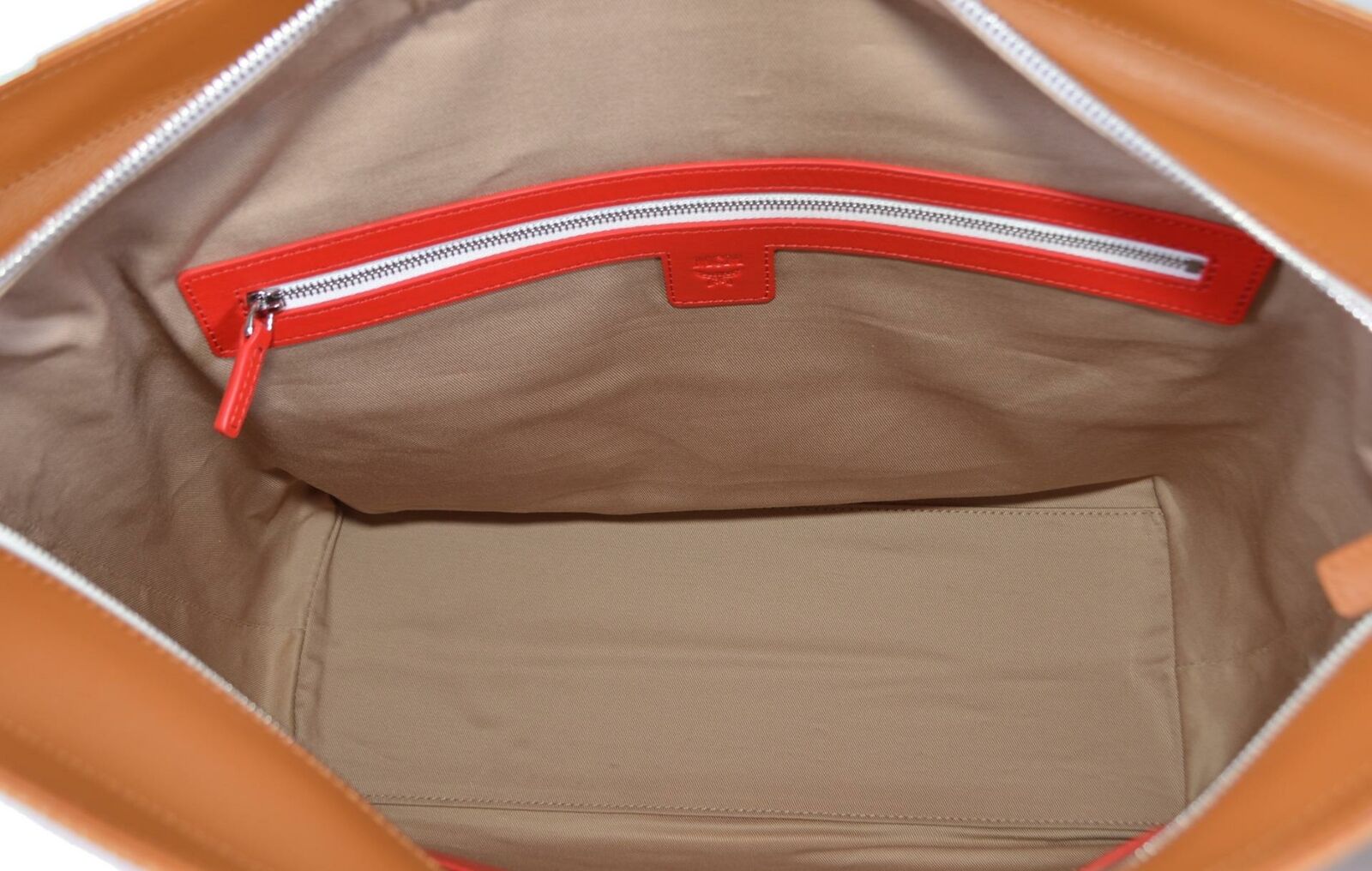 MCM Cognac Red Chevron Colorblock Visetos Medium ANYA Zip Purse Tote