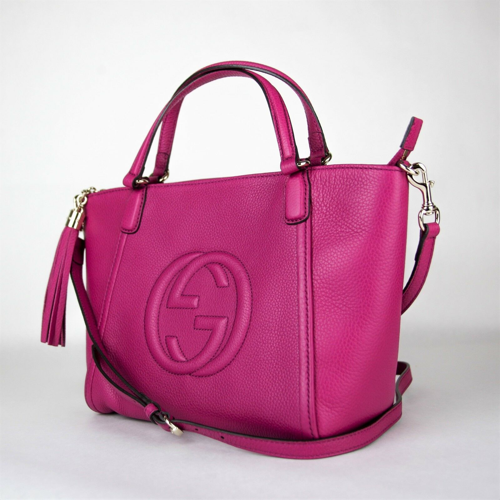 Gucci Pebbled Calfskin Small Soho Top Handle Bag Bright Bougainvillea