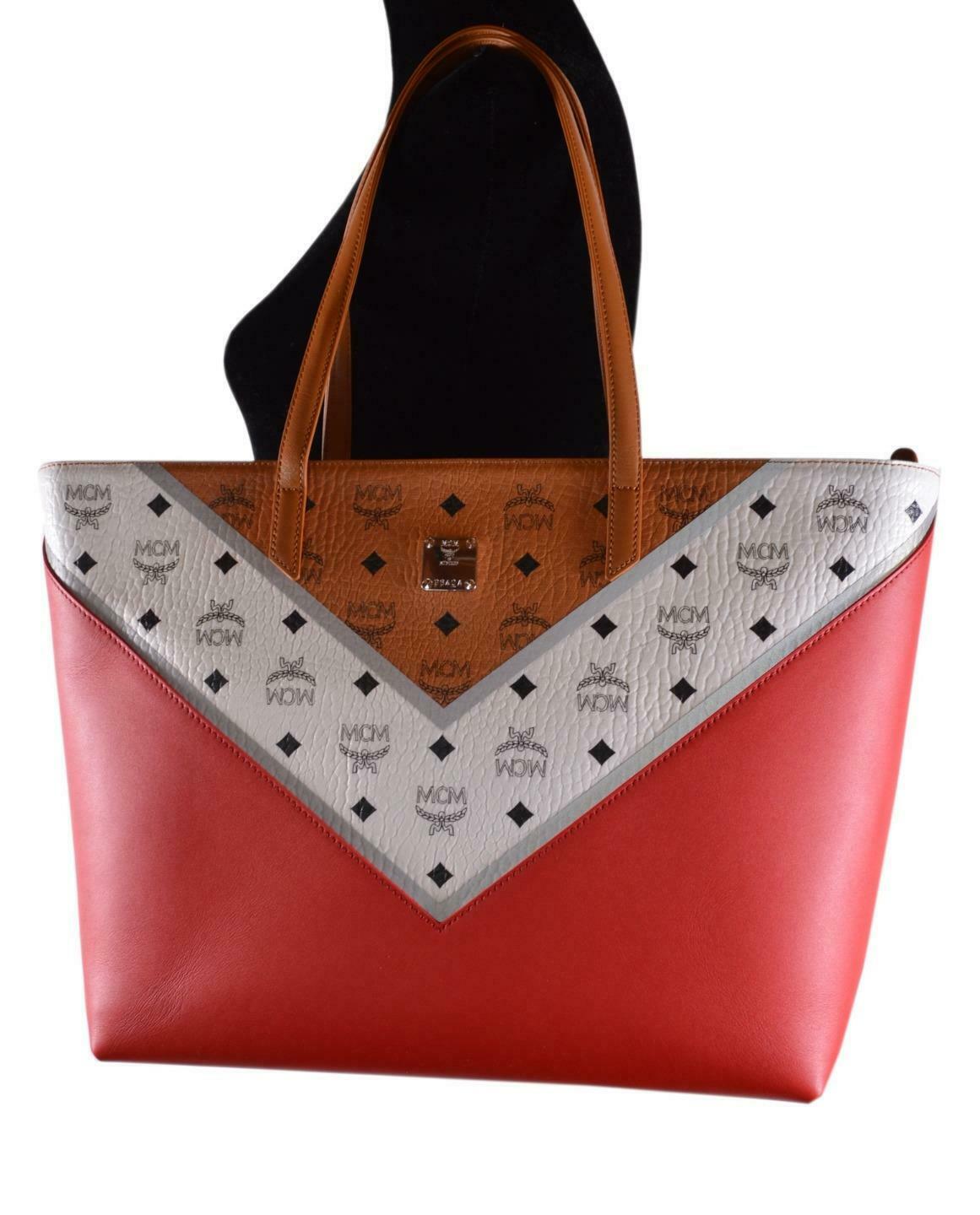 MCM Cognac Red Chevron Colorblock Visetos Medium ANYA Zip Purse Tote