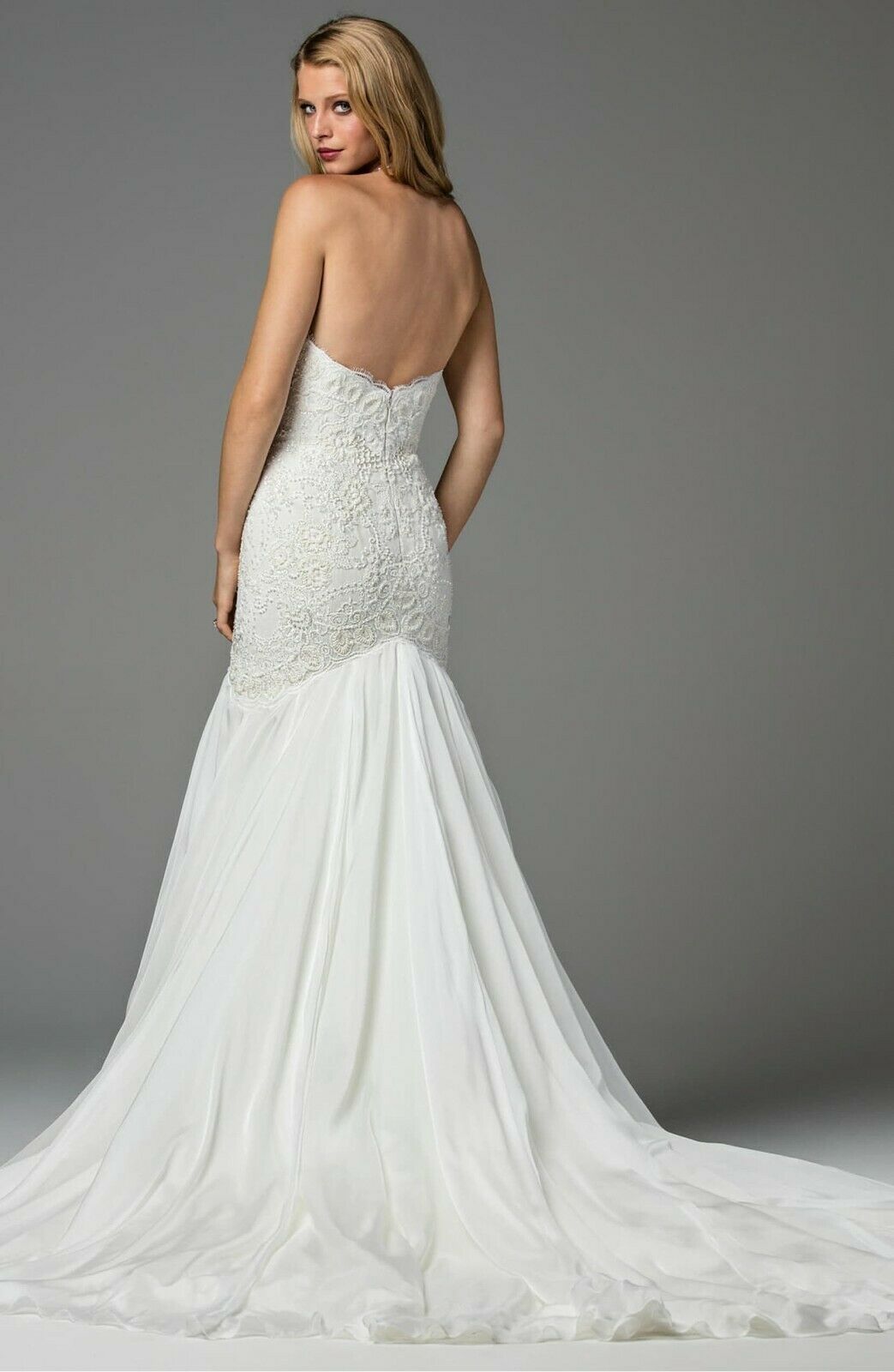 Watters Bridal White Silk Chiffon Minerva Embellished Mermaid Gown $4610