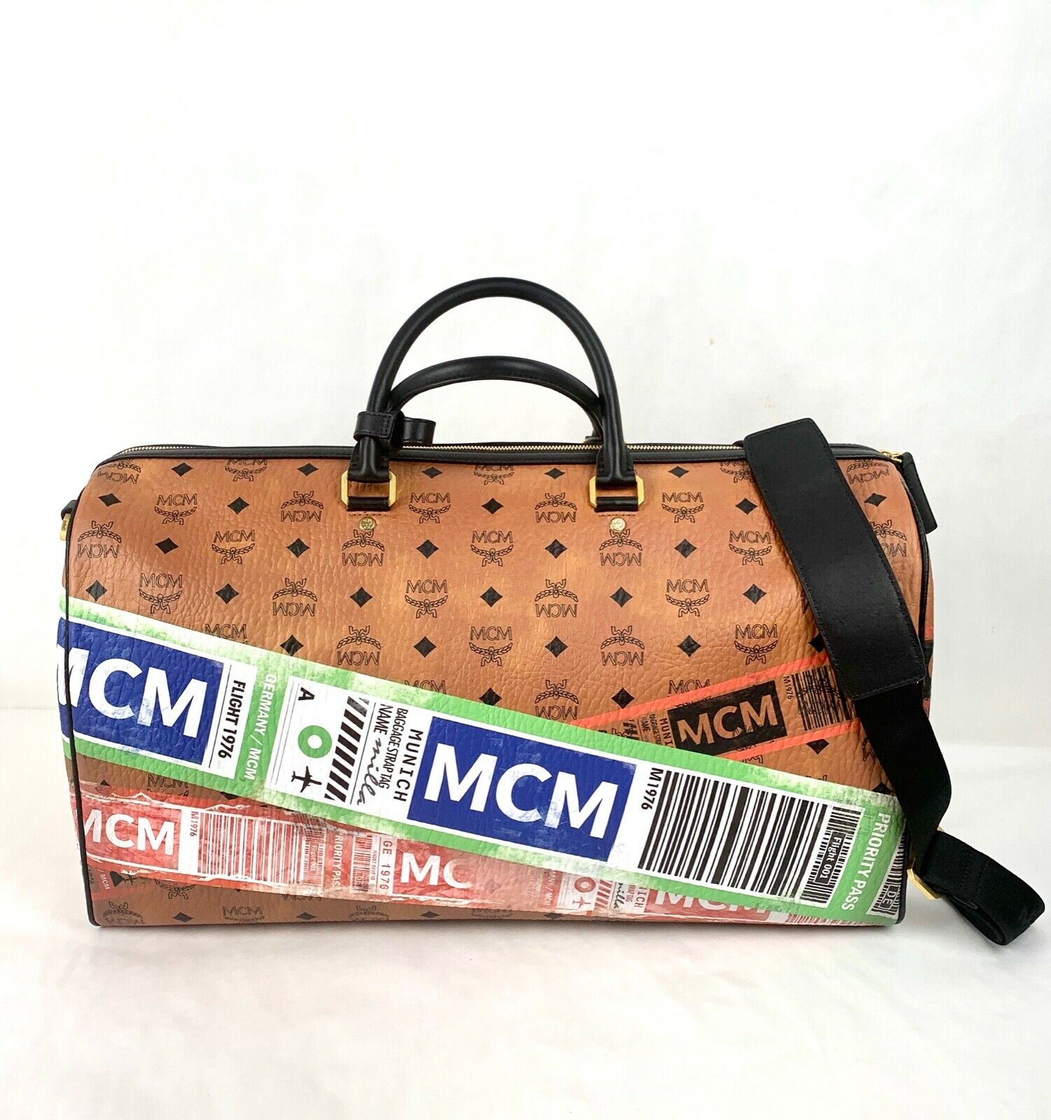 MCM Unisex Brown Cognac Visetos Flight Travel Boston Bag Duffle