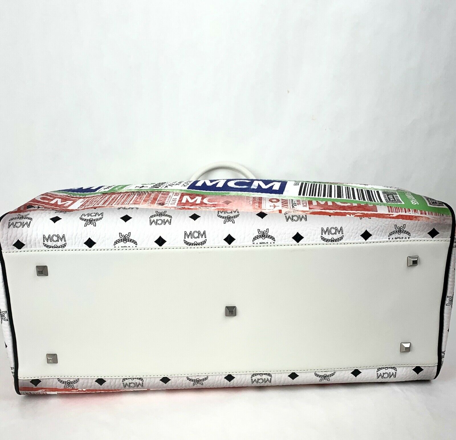 MCM Unisex White Visetos Flight Print Travel Boston Bag Duffle