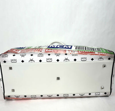 MCM Unisex White Visetos Flight Print Travel Boston Bag Duffle