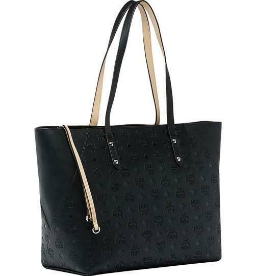 MCM Klara Medium Monogram Shopper Black Leather Tote