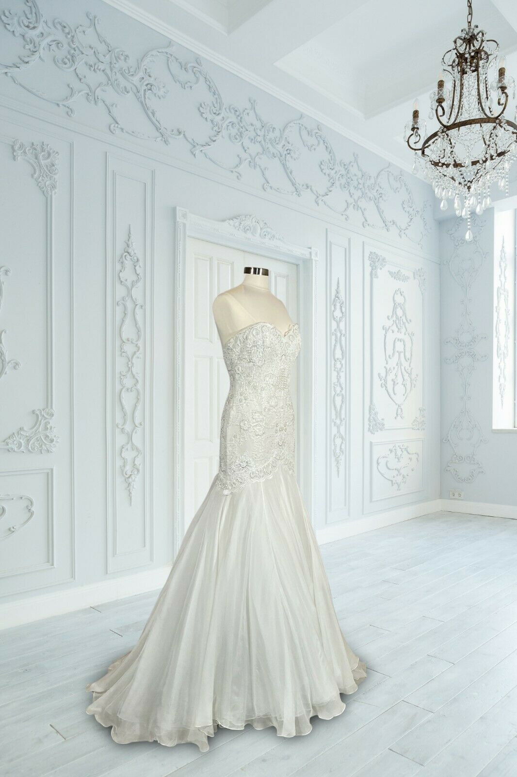 Watters Bridal White Silk Chiffon Minerva Embellished Mermaid Gown $4610