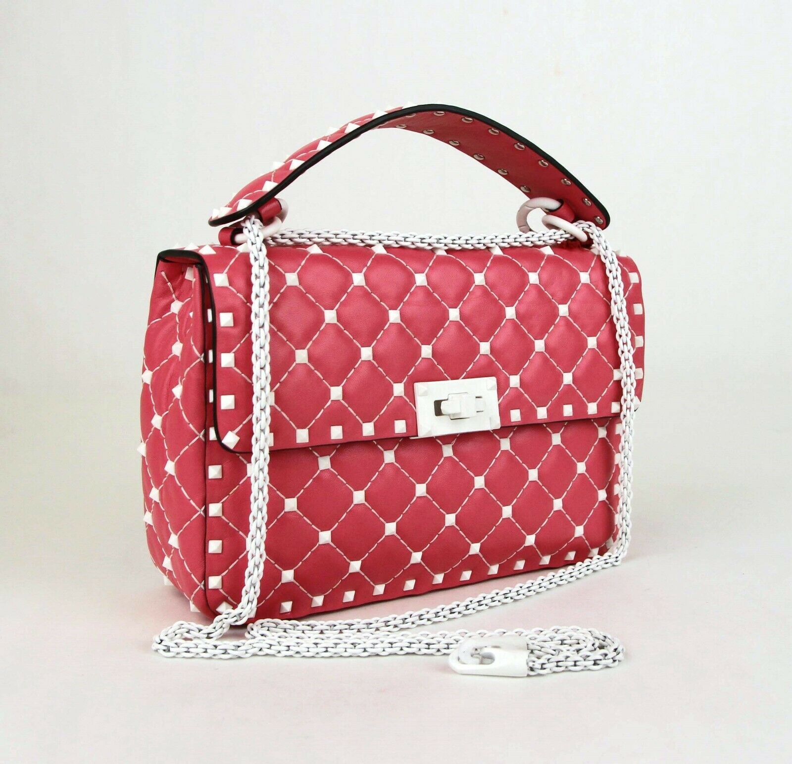Valentino Rockstud Pink White Quilted Leather Chain Handbag
