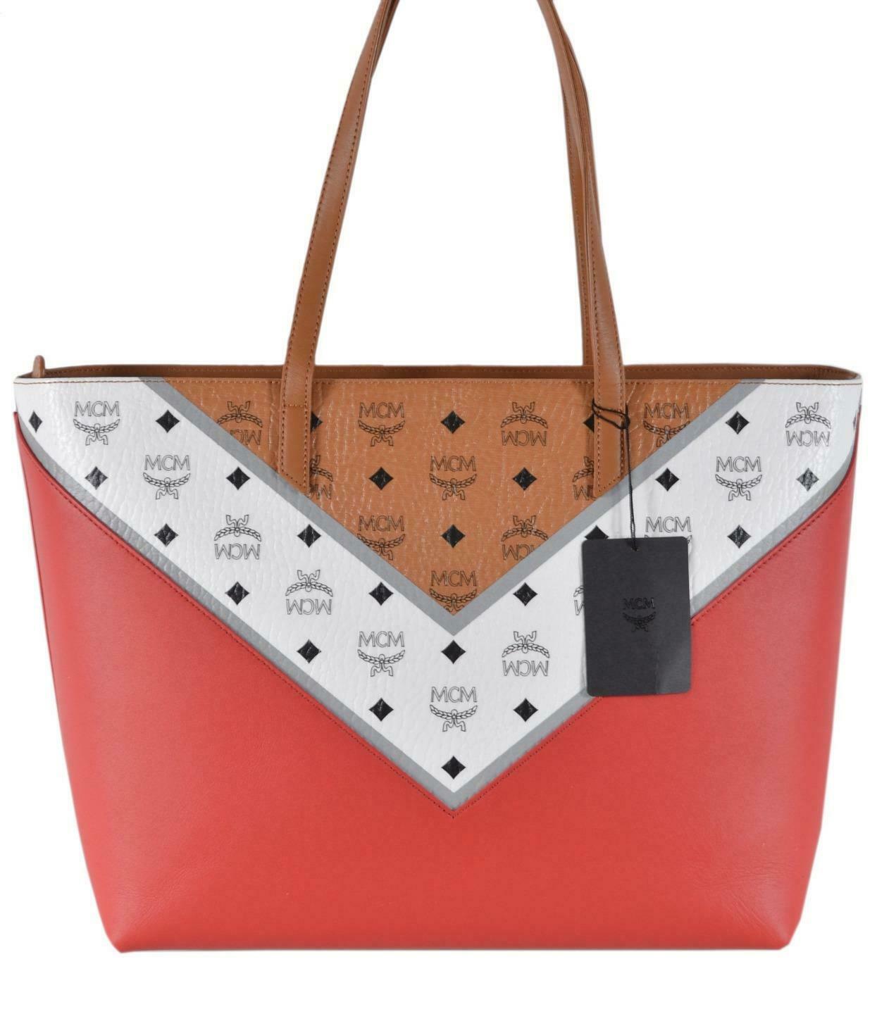 MCM Cognac Red Chevron Colorblock Visetos Medium ANYA Zip Purse Tote