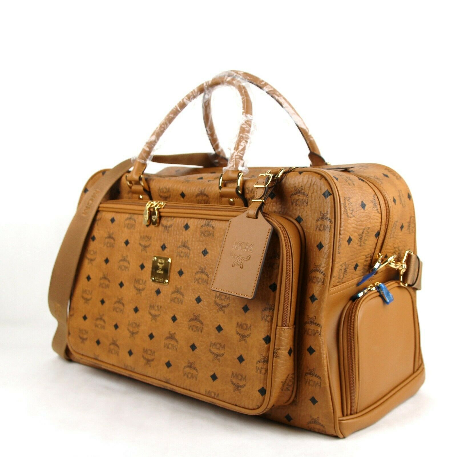 MCM Cognac Brown Visetos Coated Canvas Boston Duffel Bag