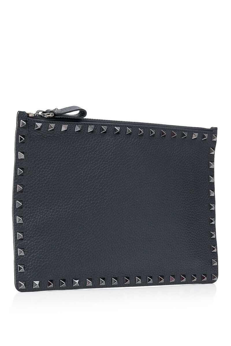 VALENTINO Vitello Rockstud Large Zip Pouch Black