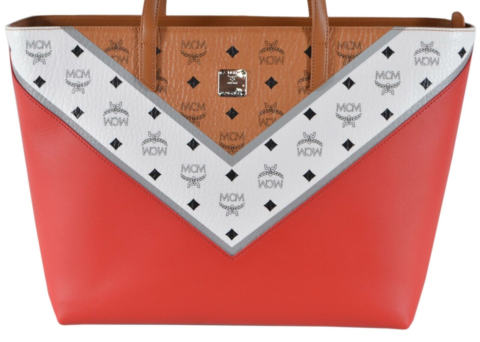 MCM Cognac Red Chevron Colorblock Visetos Medium ANYA Zip Purse Tote